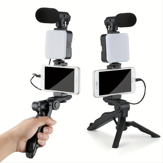 Five in one Multi-functional Mobile Phone Stand with LED Fill Light and Tripod, Perfect for Selfies, Outdoor Activities, Interviews, Day and Night Photography